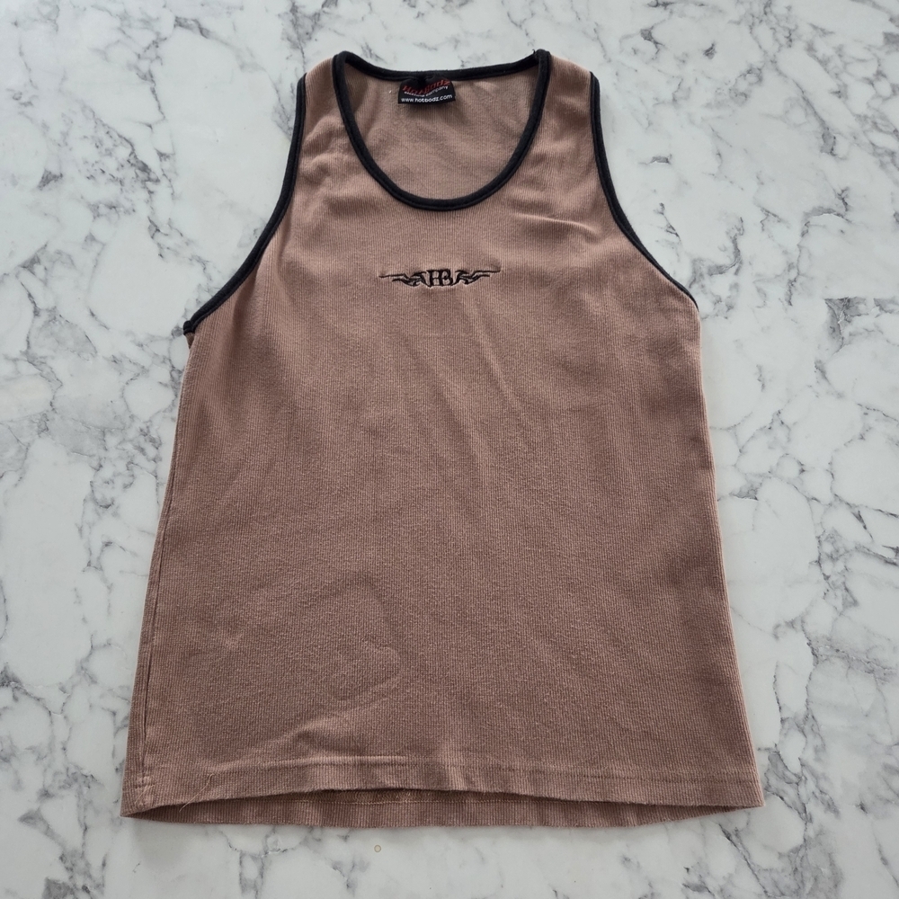 Hot Bodz Y2K Brown Sleeveless Ribbed Tank Top Medium Contrast Trim Skater Flames